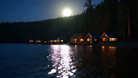 lakefront cabins at night