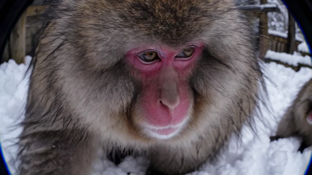 Close-up video of a snow monkey with a fisheye lens, capturing its curious expression in a snowy