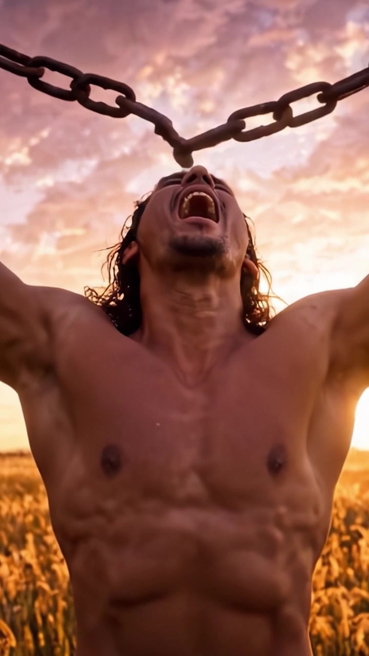 Una figura imponente de pie en un campo de trigo al atardecer, enfatizando la fuerza y la resiliencia a través de su postura y expresión contra un cielo impresionante.