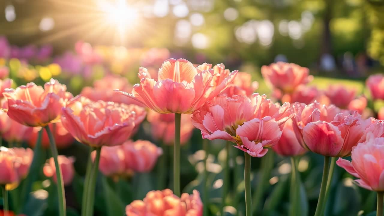Low-angle video captures a vibrant field of pink tulips under warm sunlight, creating a serene