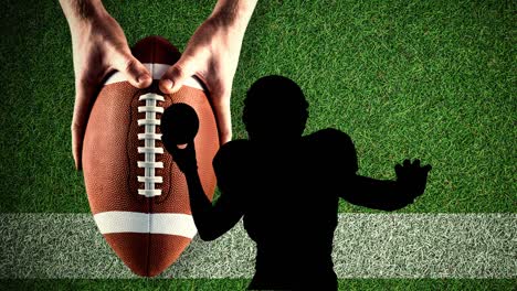 animazione della silhouette di un giocatore di football americano sullo sfondo del campo