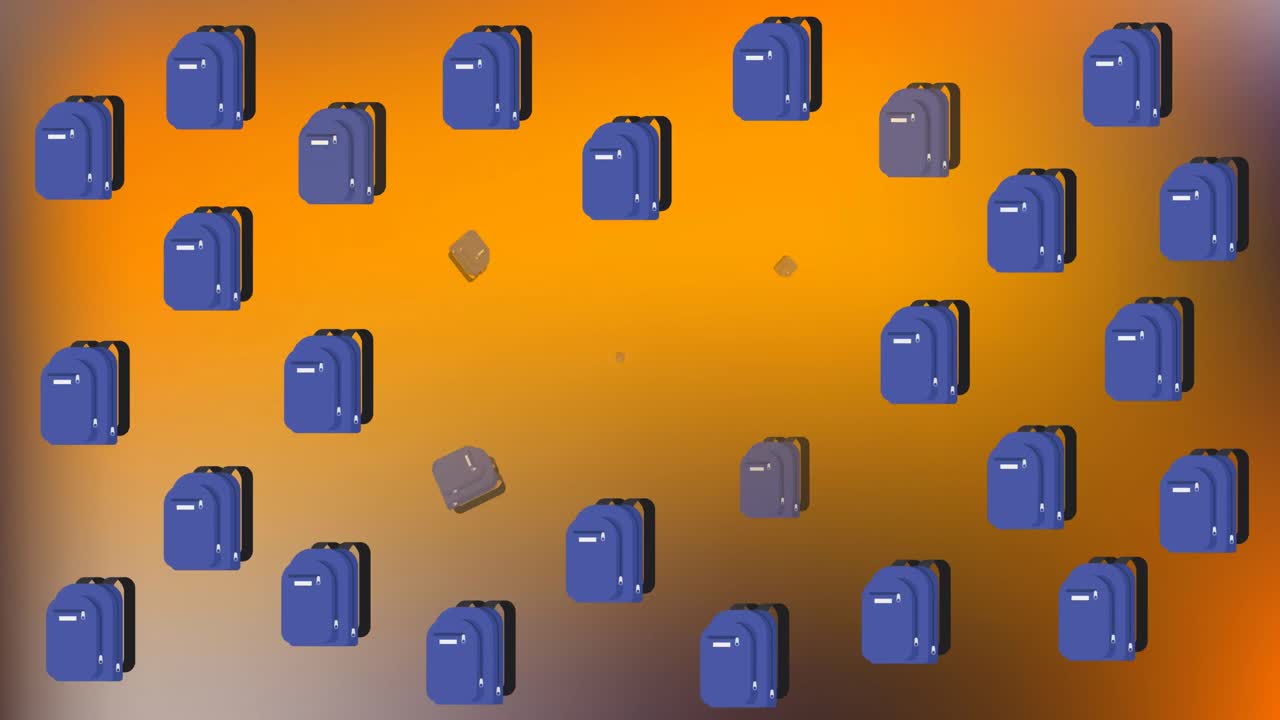 animación de múltiples iconos de bolsas escolares y libros contra el espacio de copia en un fondo de gradiente naranja.
