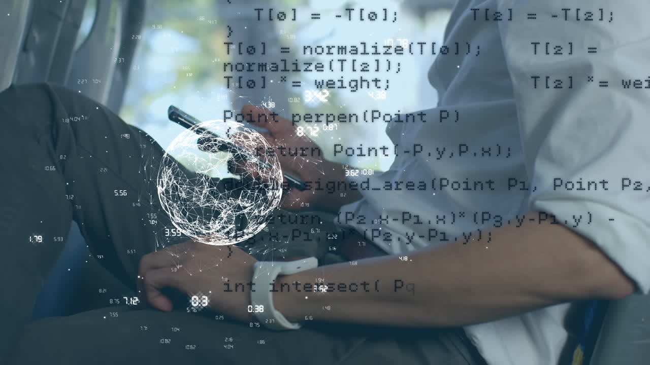Animation of globe of connections and data processing over caucasian man using smartphone