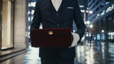 a well-dressed attendant stands on a city street at night, holding a polished case. bright city lights reflect off wet pavement, creating a sophisticated atmosphere.