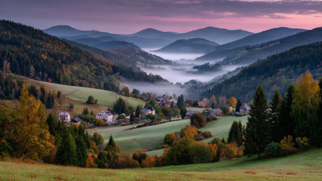Serene Autumn Landscape Captured at Dawn: A Panoramic View of Misty Valleys, Rolling Hills, Vibrant Foliage, and Tranquil Forests Under a Beautiful Sky