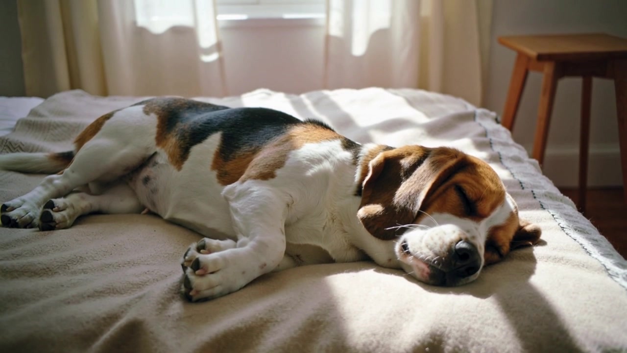 Luce solare che si sposta, beagle tricolore che dorme sul letto, coperta beige, finestra, tende bianche, sgabello.