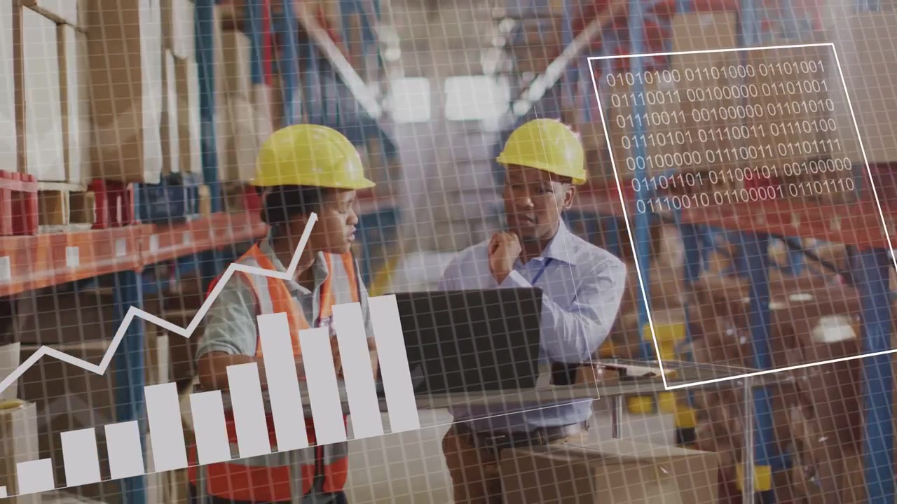 Warehouse woman tapping tablet and man checking laptop, chart overlay rising, guiding stock