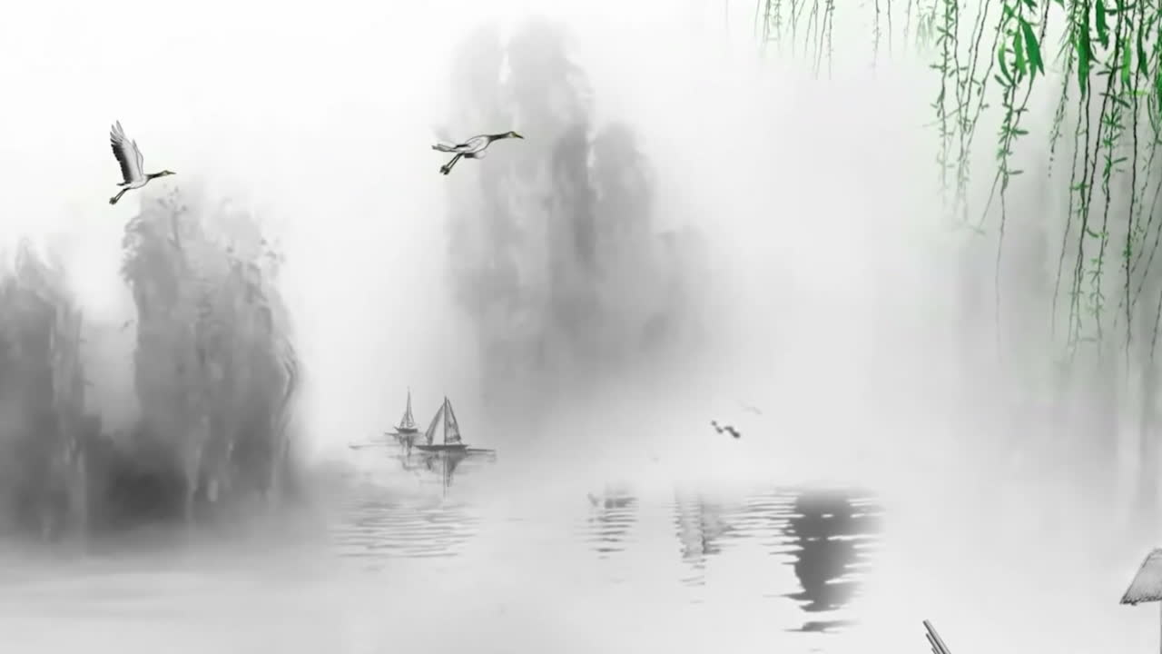 중국의 전통적인 동양 디지털 예술 애니메이션, 꽃, 나무, 새, 강과 함께 산에서 중국 그림 잉크 안개 배경 예술 작품