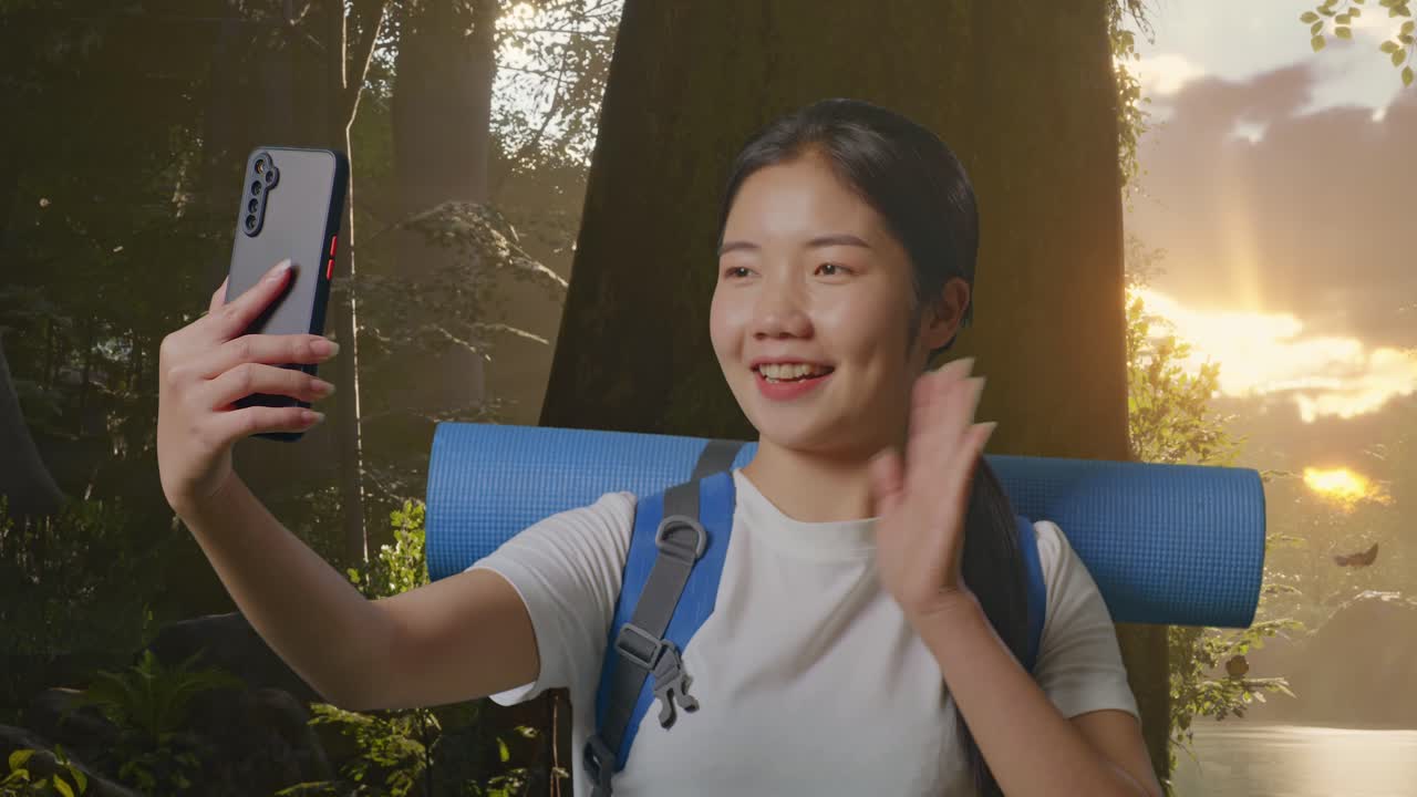mujer tomando una selfie en el bosque al atardecer