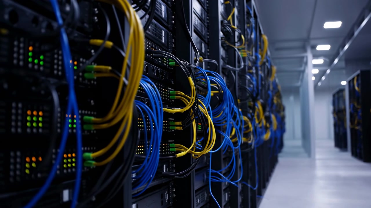 Close-up view down data center aisle showing server racks filled with network switches, glowing status lights, metal panels, dense bundles of blue, yellow, and black patch cables, and strong depth