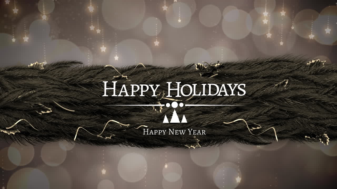 빛나는 별, 불빛, 크리스마스 트리 가지와 함께 행복한 휴일과 새해 텍스트의 애니메이션.