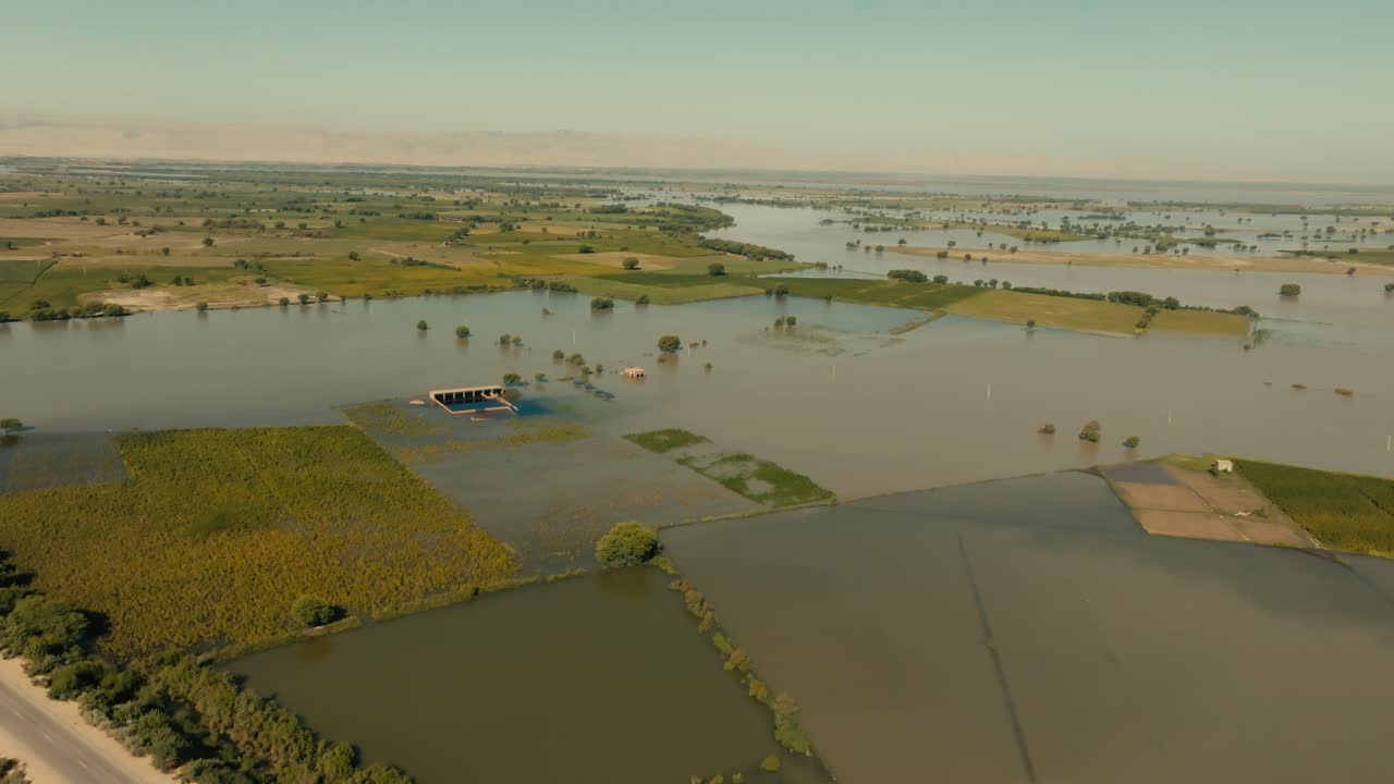 Aerial view of water logged fields due to flood in Punjab, Pakistan