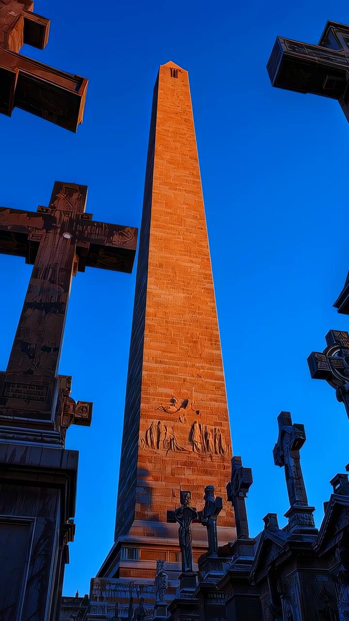 Video verticale: La telecamera si inclina verso l'alto riprendendo un obelisco e delle croci in un cimitero, con il sole che riscalda i rilievi.