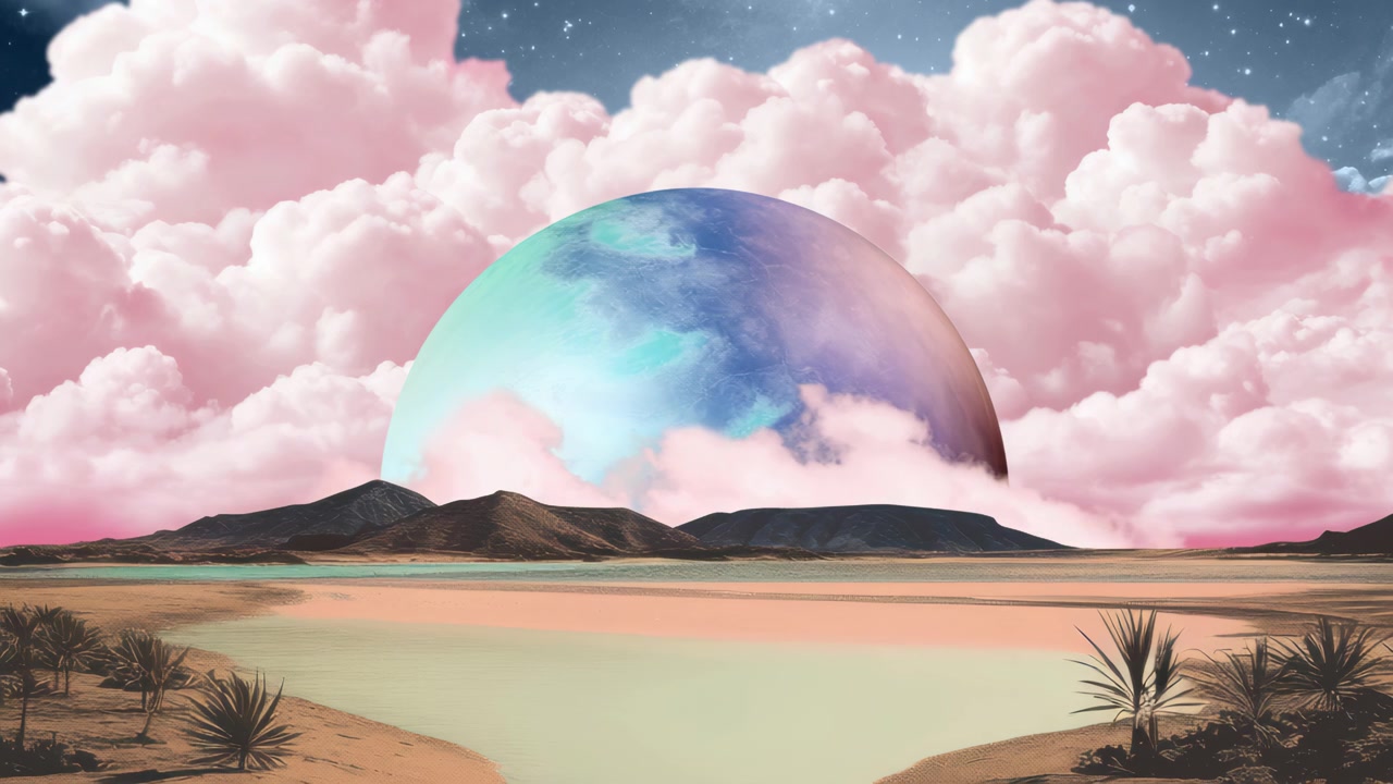 Paesaggio surreale con pianeta gigante e nuvole rosa
