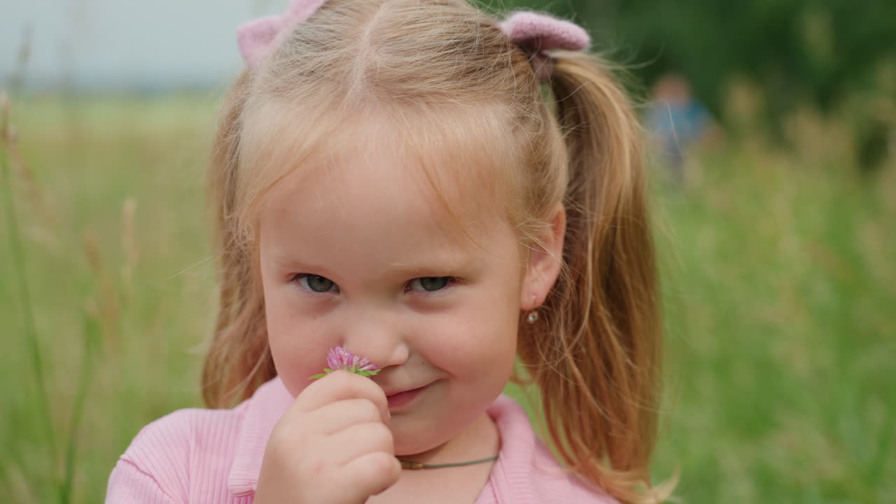 Bambina che esplora la natura, bambina sorridente in un campo, bambina con le trecce che si gode una soleggiata esperienza in un prato, bambina che esplora pensierosa l'ambiente naturale mentre sorride in un campo aperto