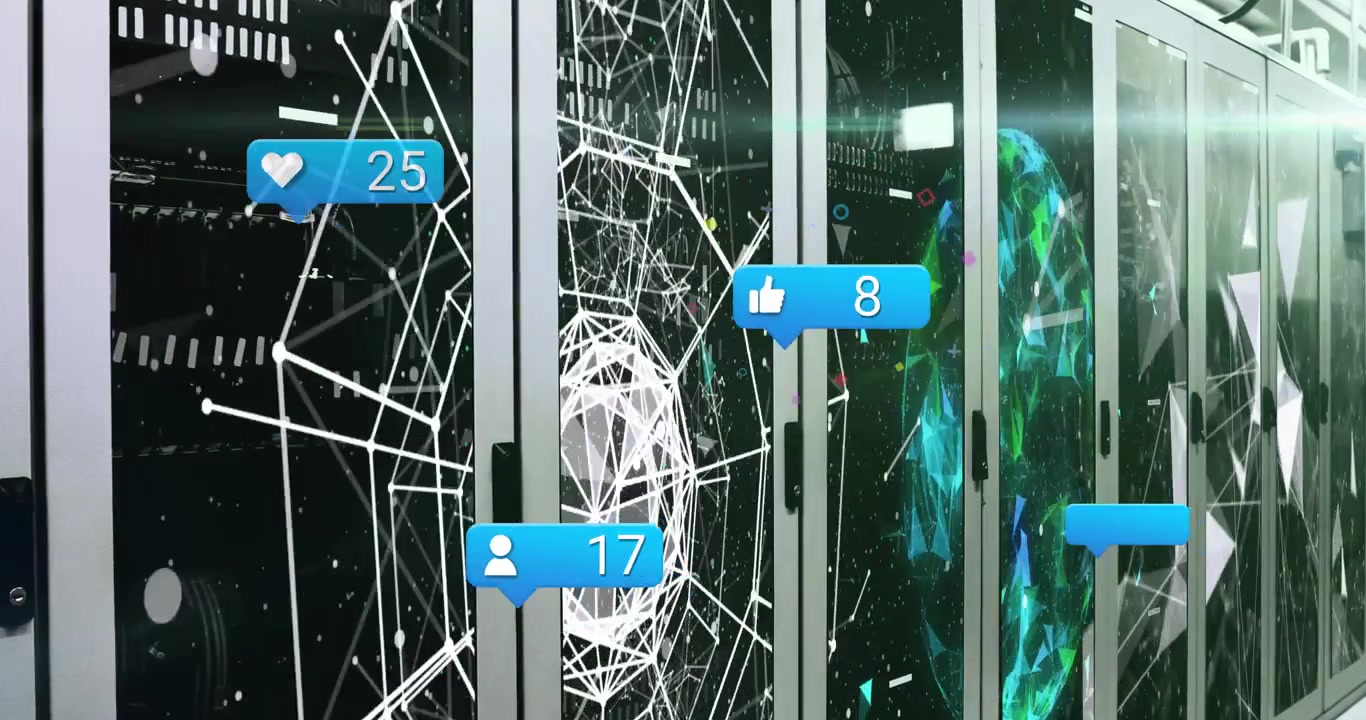 Social Media Engagement Icons Floating Over Server Room Data Center