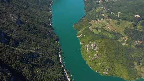 drone flying over of mountain tara and drina river in serbia