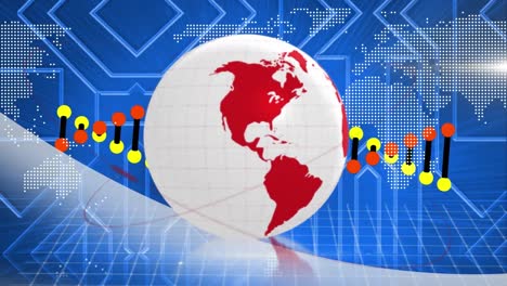 Animación-Del-Globo-Y-La-Cadena-De-ADN-Girando-Sobre-El-Mapa-Mundial