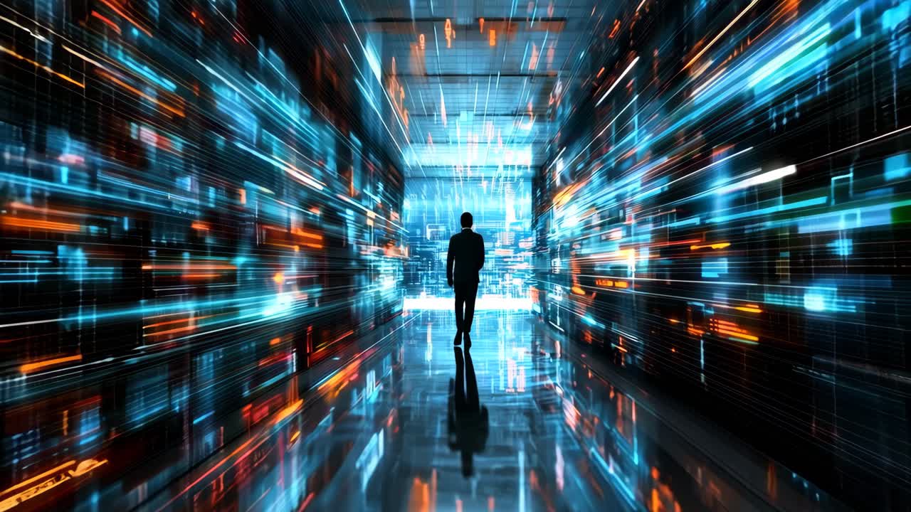 un hombre caminando a través de un túnel de luces en una habitación oscura