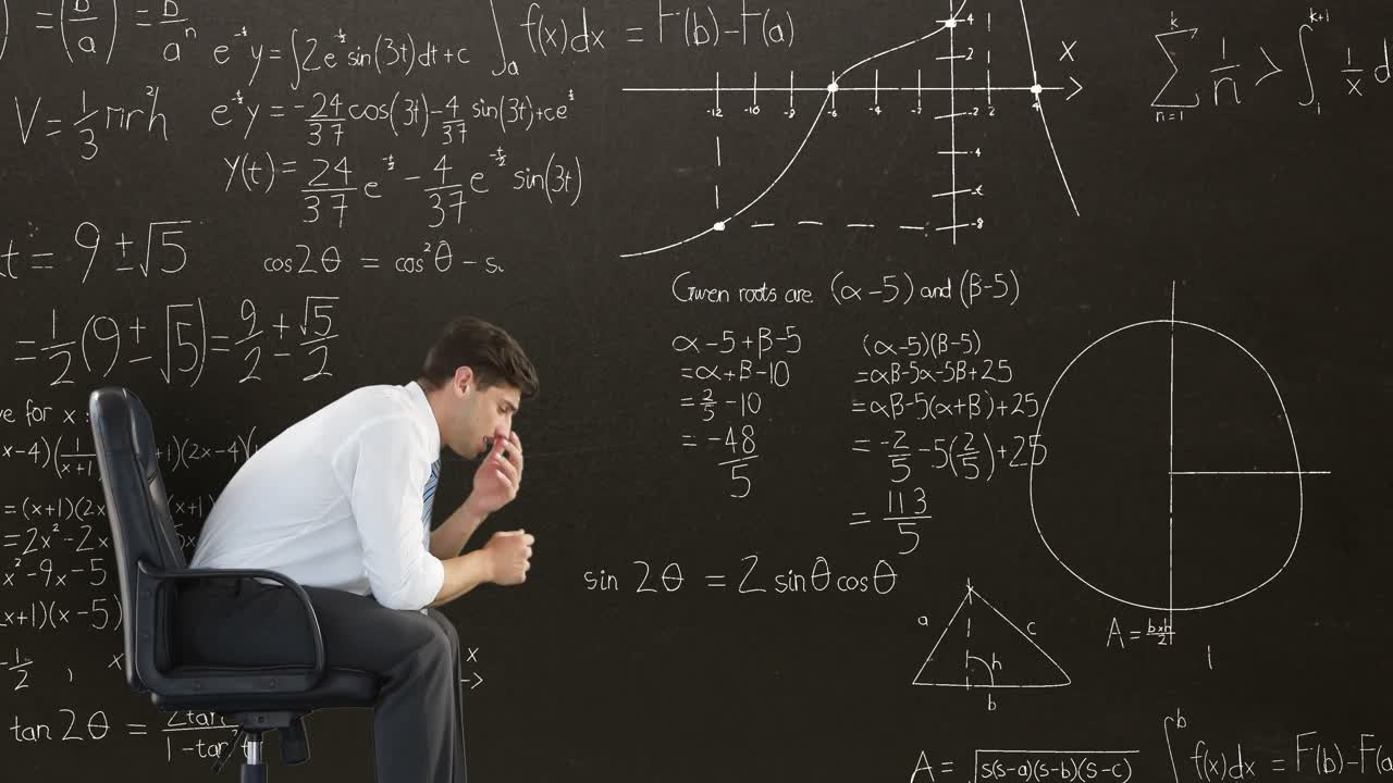 Man and mathematical equations with figures 4k