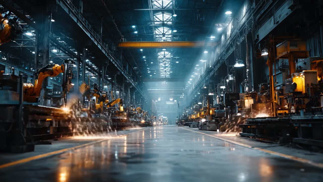 An expansive view of a state-of-the-art industrial facility showcasing automated robotic machinery and illuminated workspaces, highlighting innovation in manufacturing technology