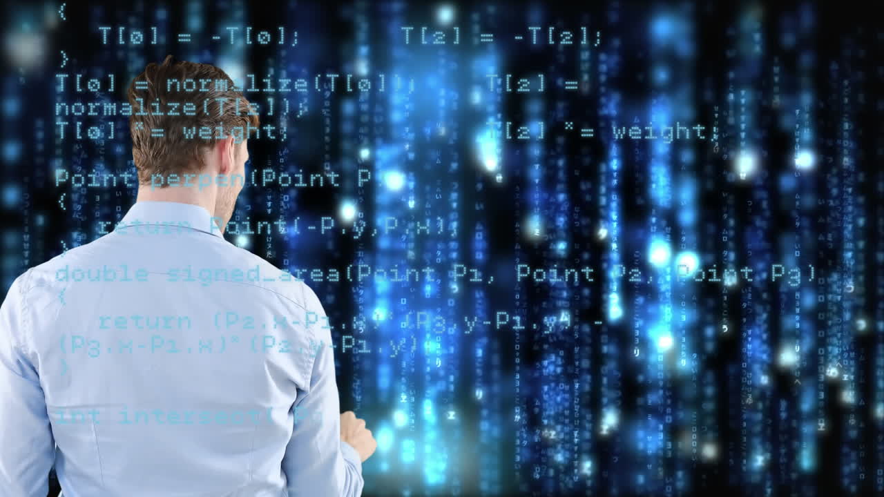 animación de una vista frontal de un hombre caucásico apuntando con el dedo en una pantalla digital con procesamiento