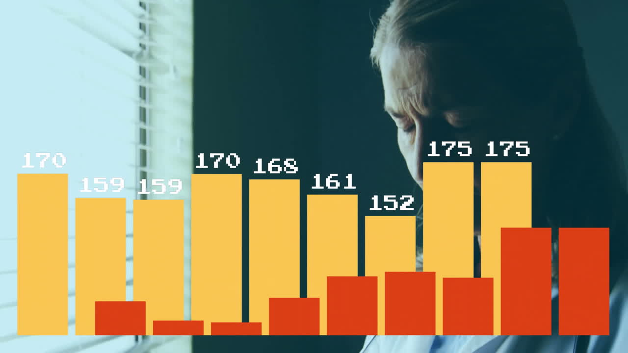 Bar chart animation over person looking out window, showing numerical data