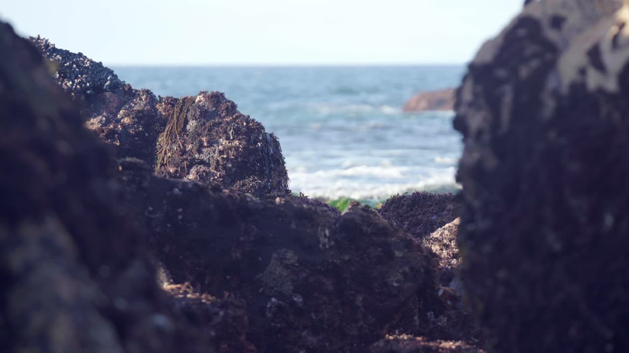 여름에 튀는 파도의 조수 웅덩이 바위를 통해 흐릿한 전망