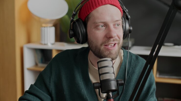 Conduttore di podcast maschio che parla al microfono in studio mentre registra un episodio.