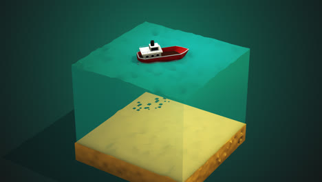 Low-poly-3d-animation.-Cross-section-of-the-ocean.-Aerial-view-on-the-red-boat-floating-on-the-calm-waves-of-the-water-surface.-Fish-shoal-swims-under-the-ship.