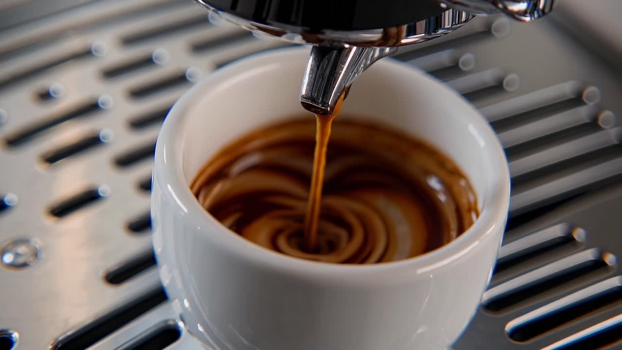 Nærbillede af video, hvor espresso hældes i en hvid kop fra en kaffemaskine, der fanger den fyldige