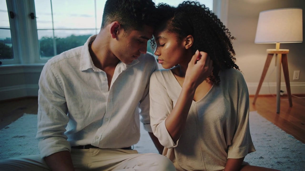 Uomo in camicia bianca e donna con top beige che si guardano negli occhi, appoggiati e condividendo amore su un tappeto vicino a una lampada da finestra.