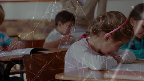 animación de la red de conexiones sobre dos niñas caucásicas que estudian en la clase en la escuela