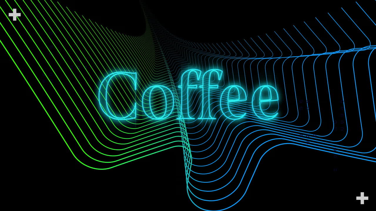 Animação de texto "Café" sobre linhas de onda neon em fundo preto