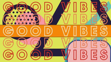 Animation-of-good-vibes-text-repeated-over-shapes-on-yellow-background