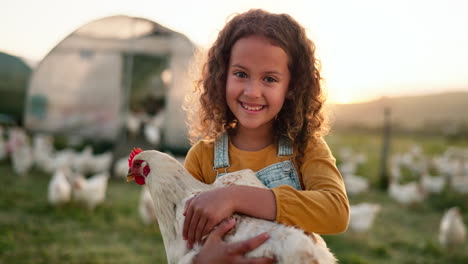 chicken, smile and girl on a farm learning