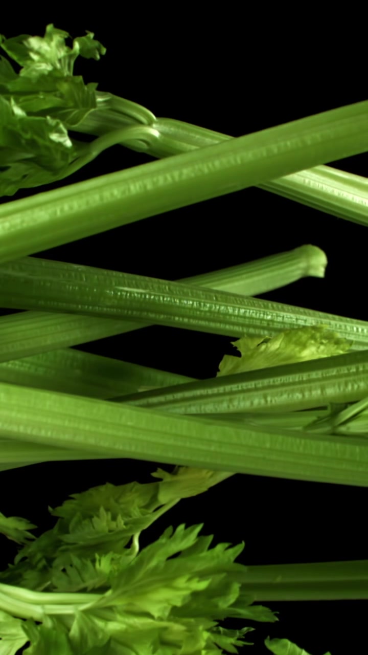Close-up of Fresh Green Celery Stalks and Leaves on Black Background