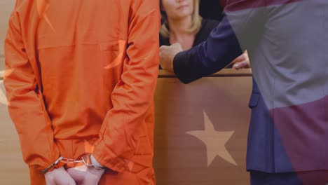 Animation-of-female-judge-and-defendant-during-trial-over-american-flag