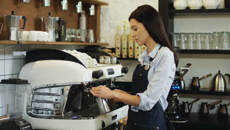 Portrait-Shot-Of-The-Good-Looking-Brunette-Waitress-Making-Coffee-With-Milk-On-The-Coffee-Machine-And-Smiling-To-The-Camera