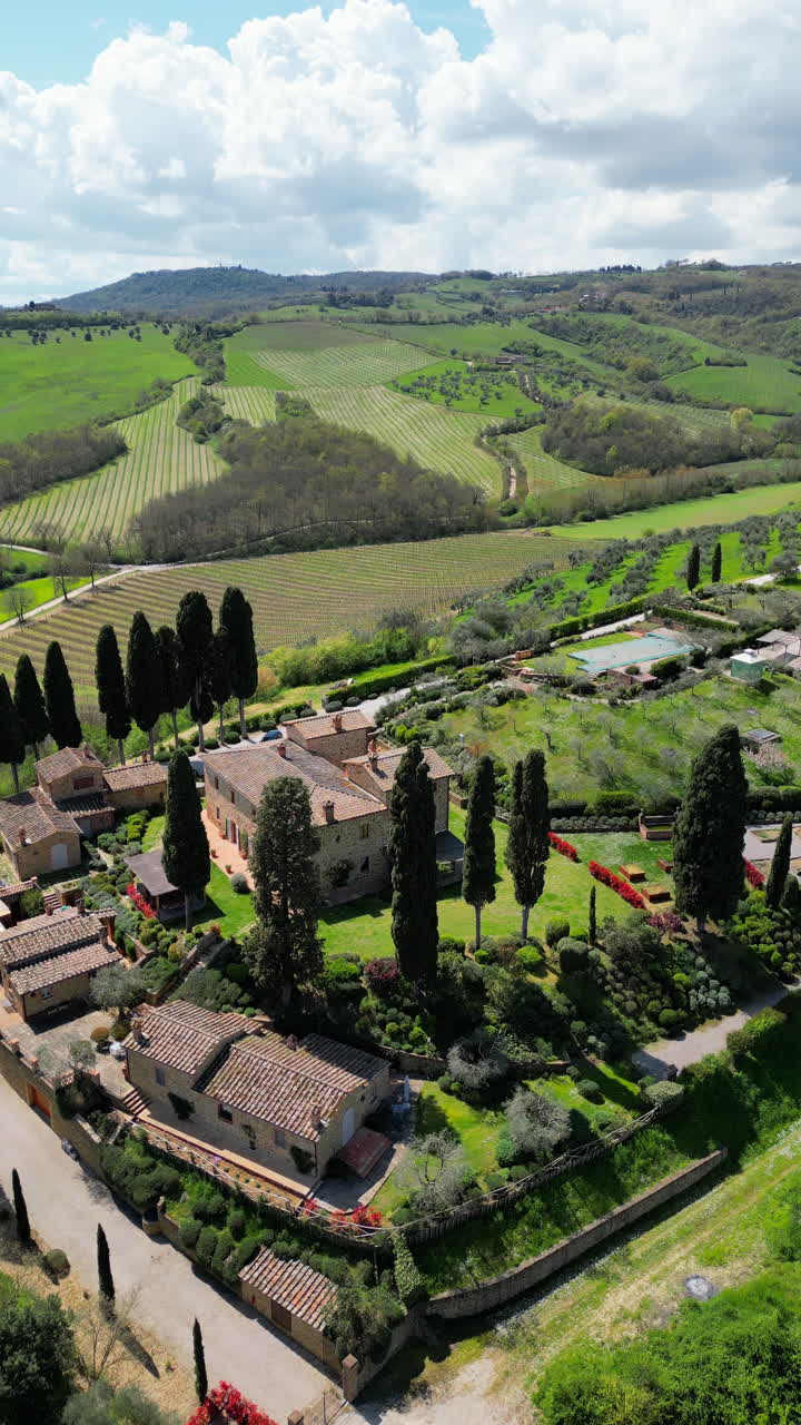 Aerial drone view of the Valdorcia region in Tuscany, central Italy. Vertical