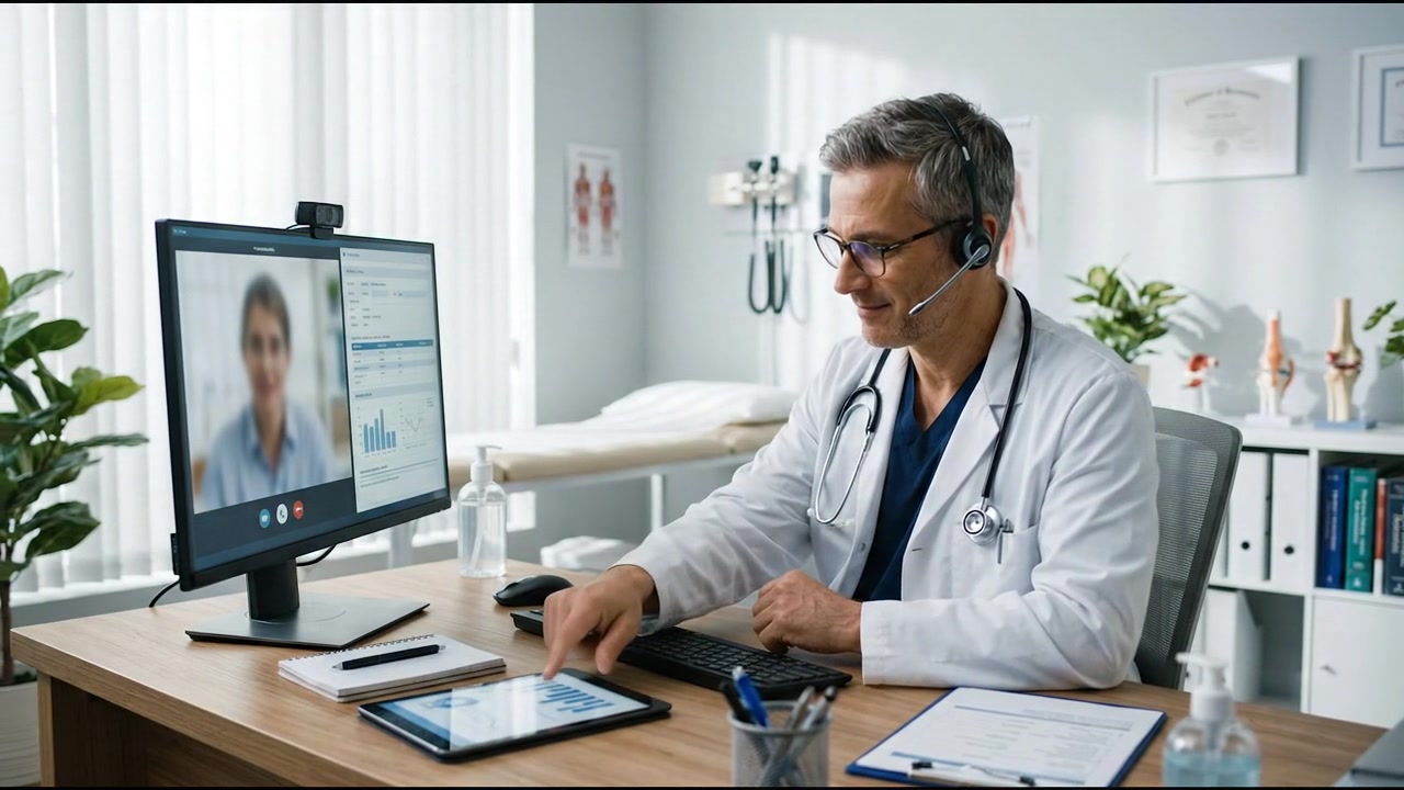 Medico durante una video consultazione con un paziente nel suo ufficio
