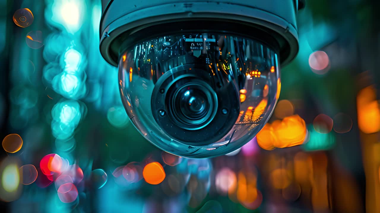 Close-up of a Security Camera at Night with Blurry City Lights