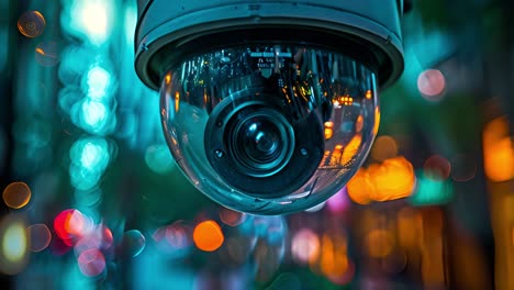 close-up of a security camera at night with blurry city lights