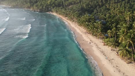 People-bathing-in-the-clear-blue-ocean-waters-by-the-white-sand-beach-and-coconut-trees