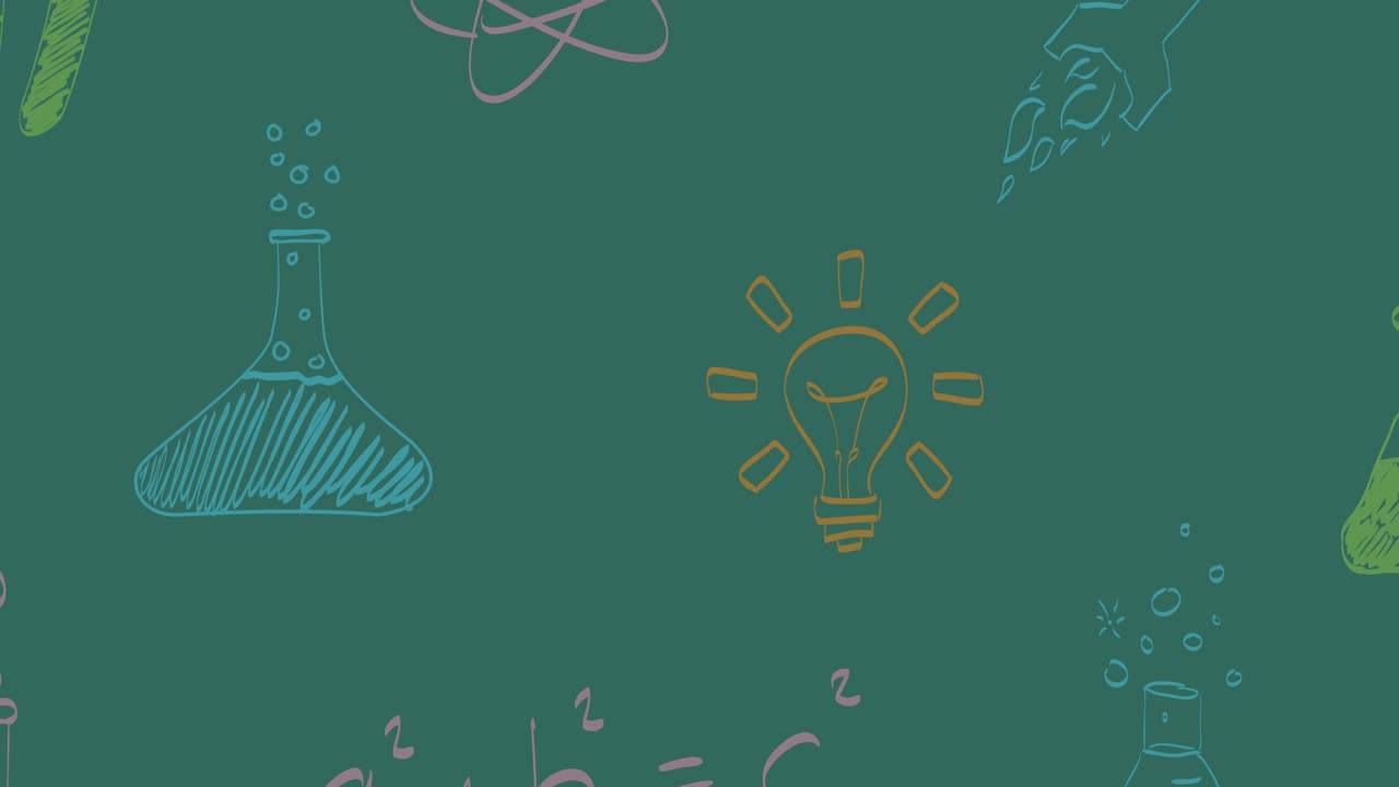 animación de coloridas ecuaciones matemáticas y garabatos científicos que se mueven sobre la pizarra verde