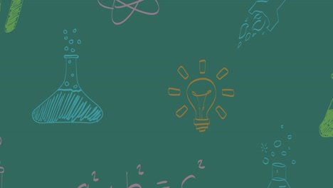 animación de coloridas ecuaciones matemáticas y garabatos científicos que se mueven sobre la pizarra verde