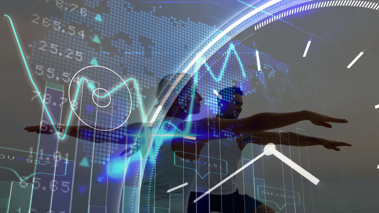 animación del procesamiento de datos y reloj móvil sobre diversas personas que hacen ejercicio en la playa