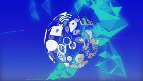 Animation-of-globe-made-of-icons-over-blue-background-with-shapes