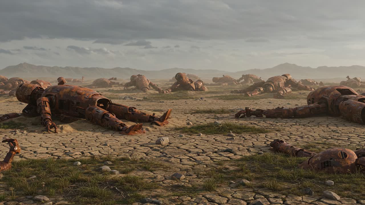 Abandoned Mechanical Giants: A Somber Landscape of Fallen Robots in a Cracked Earth, Evoking Themes of Ruin, Decay, and the Echoes of a Once-Bustling Machine Age