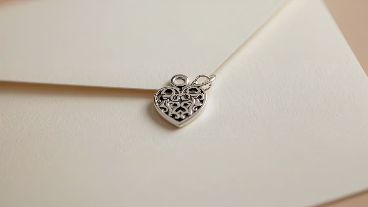 Shifting camera and zooming on silver heart pendant on cream envelope, revealing filigree